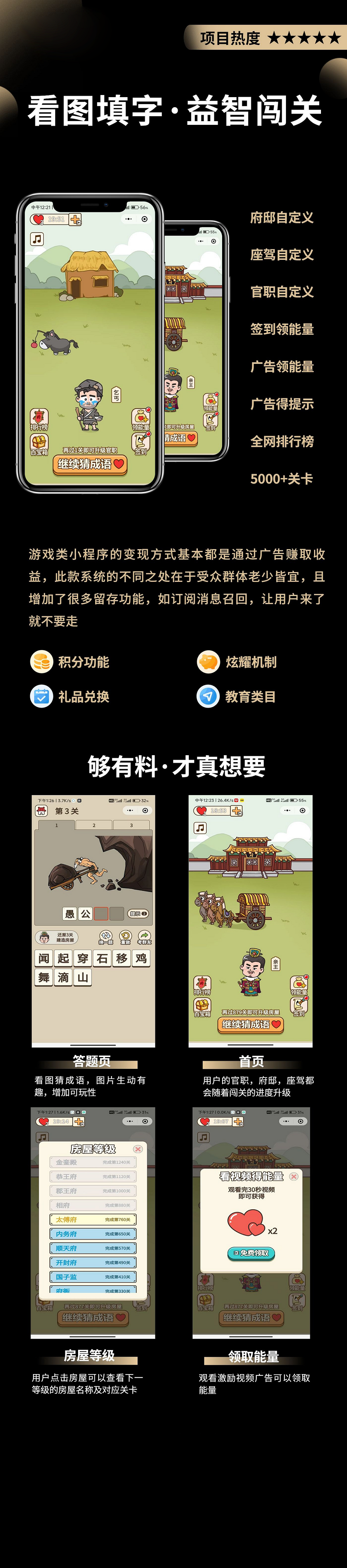 西瓜猪看图猜成语小程序流量主w/悬挂流量主插屏广告和激励广告/开发看图填字微信